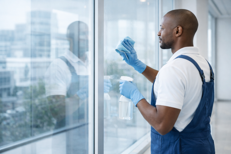 Fachkraft bei der Reinigung von Glasflächen