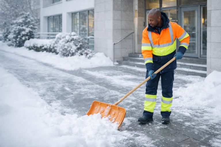 Winterdienst beim Schneeräumen vor einem Gebäude